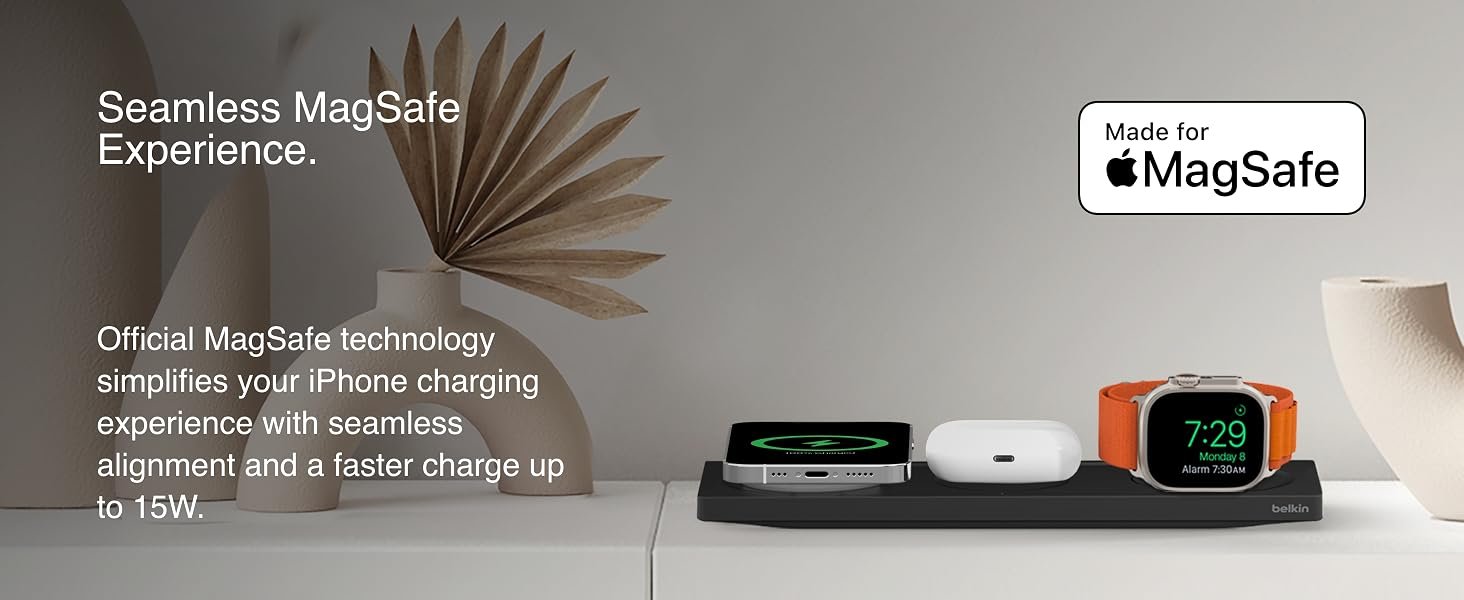 Belkin BOOSTCHARGE PRO 3-in-1 Wireless Charging Pad with MagSafe – Black | Fast Charging & Sleek Design 10 WIZ015/6/7