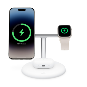 Belkin BoostCharge Pro 3-in-1 Magnetic Charging Stand with MagSafe Compatibility and Sleek Design for Apple Devices