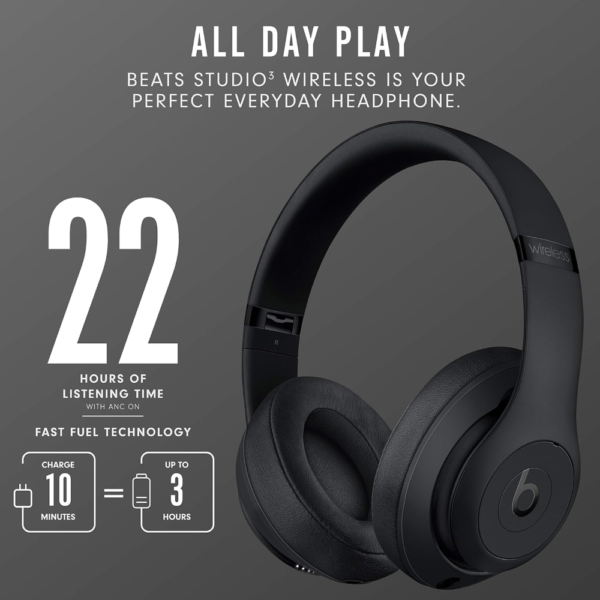 Beats Studio3 Wireless Noise Cancelling Over-Ear Headphones, Apple W1 Chip, Class 1 Bluetooth, 22H Battery Life, Built-In Mic, Matte Black - Image 2