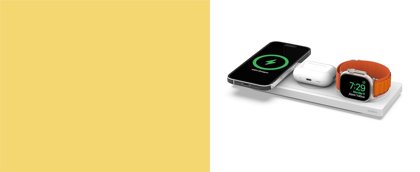 Belkin BOOSTCHARGE PRO 3-in-1 Wireless Charging Pad with MagSafe – White Fast & Convenient Charging 12 WIZ015/6/7