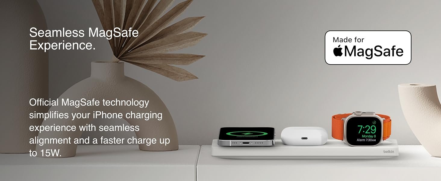 Belkin BOOSTCHARGE PRO 3-in-1 Wireless Charging Pad with MagSafe – White Fast & Convenient Charging 10 WIZ015/6/7