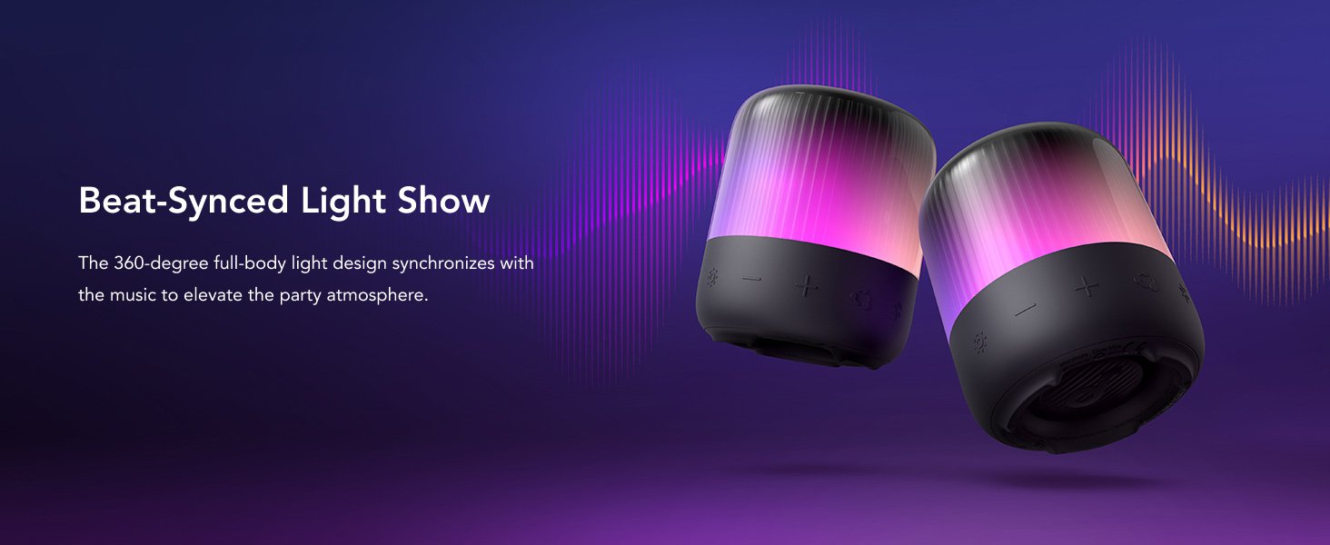 Anker Soundcore Glow Mini Portable Bluetooth Speaker with 360° Sound - Light Show, 12H Battery, IP67 Waterproof 12 1