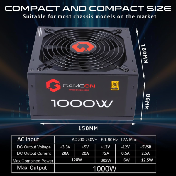 GAMEON SPY2 ATX 1000 WATTS 80 PLUS Gold Value Gaming Power Supply, Black