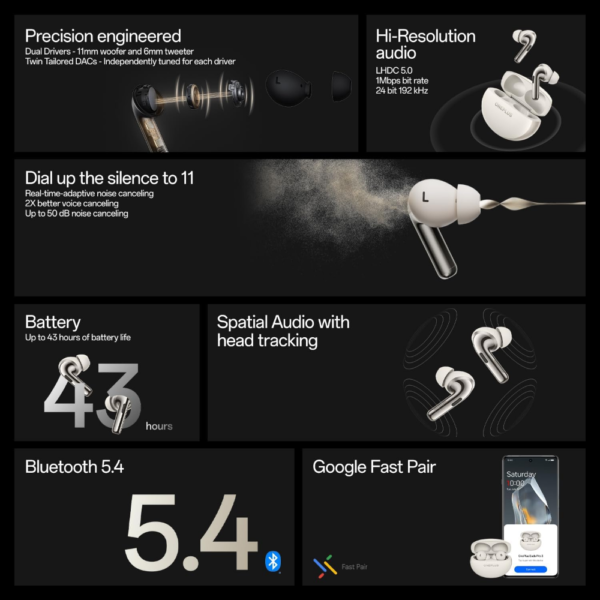 OnePlus Buds Pro 3 Bluetooth TWS In-Ear Buds – Dual Drivers, Dual DACs, Dynaudio EQs, 50dB Adaptive Noise Cancellation, 43Hrs Battery Midnight Opus - Image 7