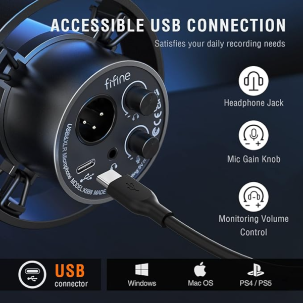 FIFINE K688 Dynamic Microphone, XLR/USB Podcast Microphone for Streaming, Vocal, and Voice Over, Metal Mic with Mute, Headphone Jack, Volume Control, and Windscreen - Image 6