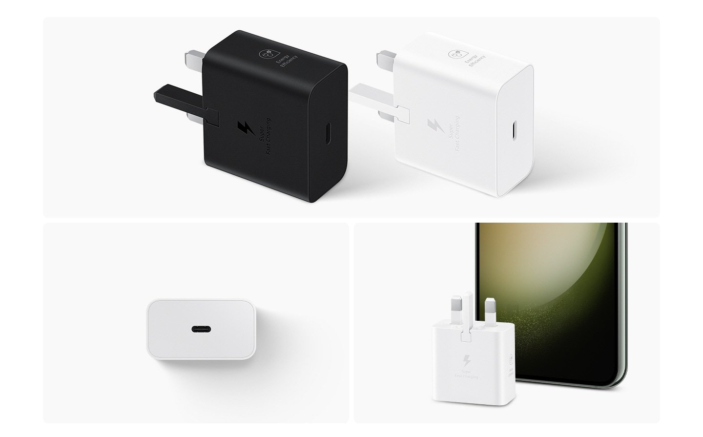 Samsung 25W Power Adapter without Cable Fast Charging for Smartphones, Tablets, Black 8 At the top, two Power Adapters, in black and white, are shown. To the bottom left, a white Power Adapter shows the side with the USB-C port. To the bottom right, a white Power Adapter is placed in front of a Galaxy smartphone device.