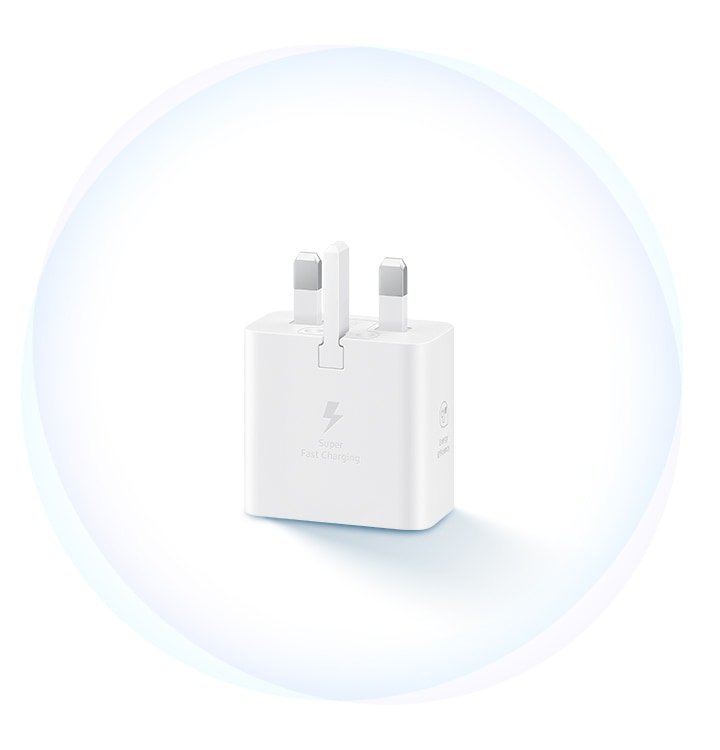 Samsung 25W Power Adapter without Cable Fast Charging for Smartphones, Tablets, Black 10 A white Power Adapter is placed plug-face-up. On the adapter, a thunderbolt icon is shown along with text below that reads 'Fast Charging'.