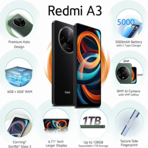 Redmi A3 Smartphone 3GB RAM 64GB Storage, Black – Global Version