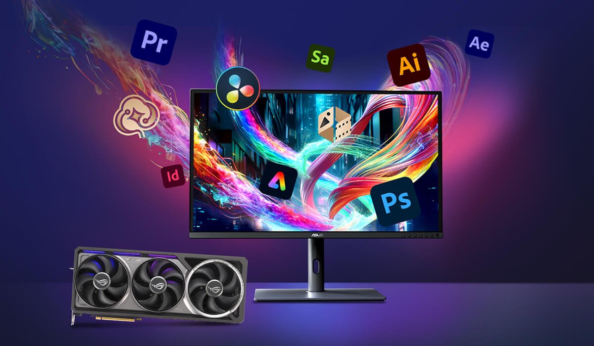 ROG Astral GeForce RTX 5080 16GB GDDR7 OC Edition High Performance Graphics Card with Advanced Cooling and Overclocking 42 Monitor and ROG Astral on a desk, with Adobe product logos floating around the monitor