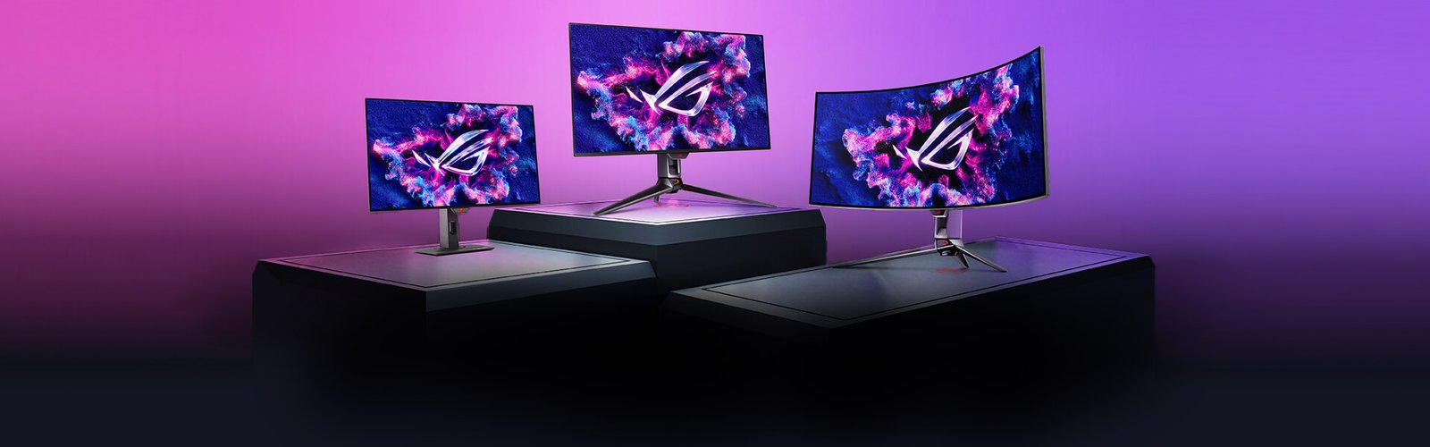 ROG Astral GeForce RTX 5080 16GB GDDR7 OC Edition High Performance Graphics Card with Advanced Cooling and Overclocking 60 Three ROG monitors on the stage stand in front of the colorful backdrop.