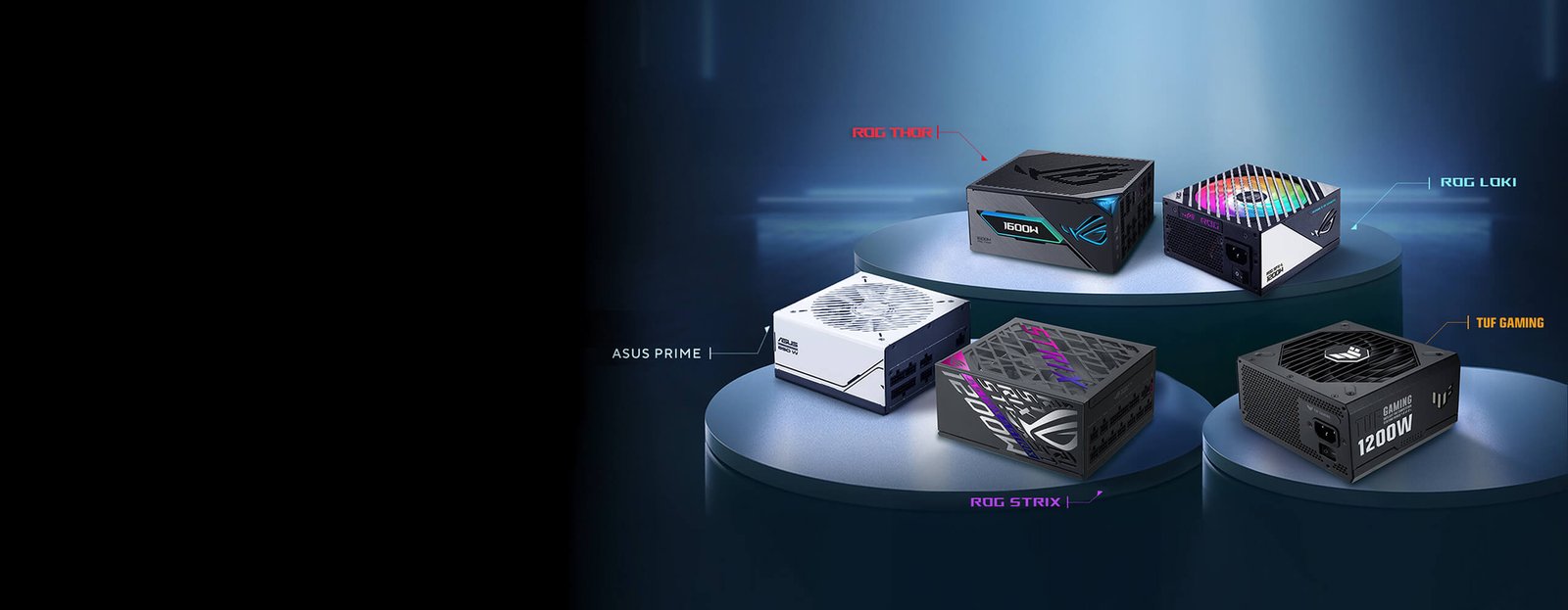 ROG Astral GeForce RTX 5080 16GB GDDR7 OC Edition High Performance Graphics Card with Advanced Cooling and Overclocking 45 ROG THOR, ROG LOKI, ROG STRIX, TUF GAMING, PRIMES SERIES PSU group photo displayed on podiums