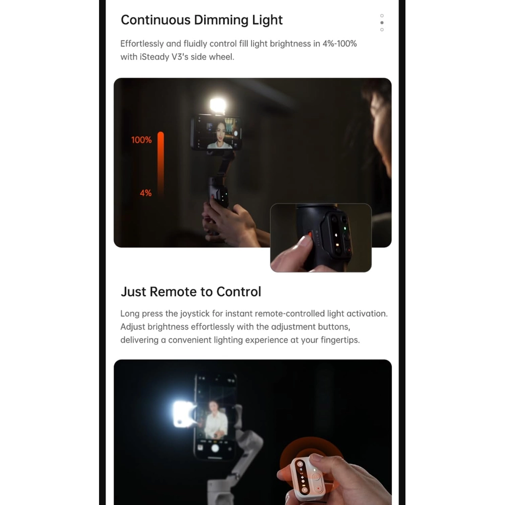 Hohem iSteady V3 Black 3-Axis Smartphone Gimbal Stabilizer with AI Tracking, Detachable Remote Control, Built-in Extension Rod & 3-Color Fill Light 4 Hohem iSteady V3 Black 3-Axis Smartphone Gimbal Stabilizer with AI Tracking, Detachable Remote Control, Built-in Extension Rod & 3-Color Fill Light - Image 4