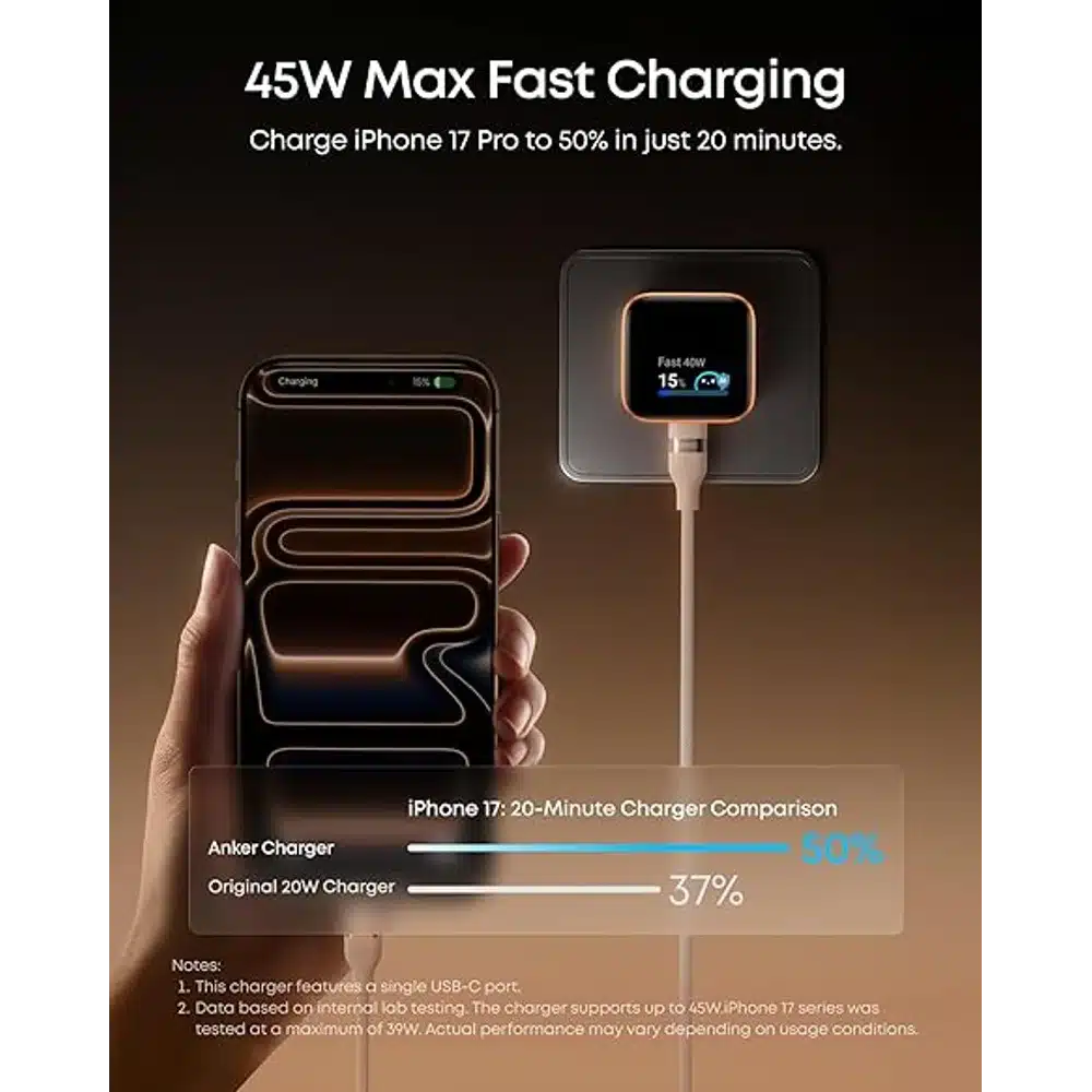 Anker Nano 45W USB-C Wall Charger - Smart Display, 180° Foldable Plug, ActiveShield Care Mode, iPhone 17/16/15 Compatible - white 5 Anker Nano 45W USB-C Wall Charger - Smart Display, 180° Foldable Plug, ActiveShield Care Mode, iPhone 17/16/15 Compatible - white - Image 5