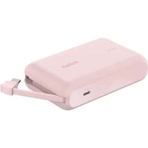Belkin Fast Charge Portable Power Bank 10K - Integrated USB-C Cable, 20W PD, iPhone 17/iPad/Galaxy, Pink