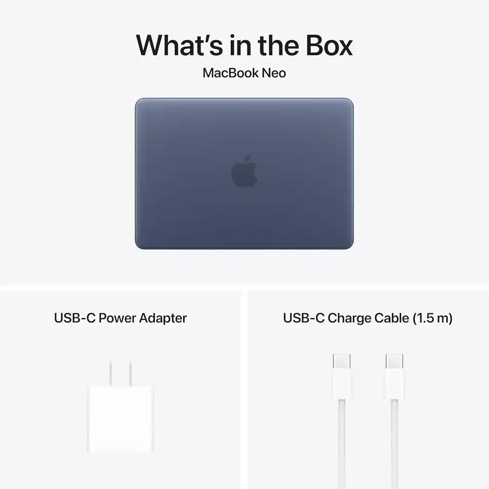 حاسوب أبل MacBook Neo النيلي (Indigo) مقاس 13 بوصة بسعة 512 جيجابايت – معالج A18 Pro، ذاكرة 8 جيجابايت، Touch ID، شاشة Liquid Retina – نسخة الإمارات TDRA 8 MacBook Neo النيلي 512GB على مكتب العمل