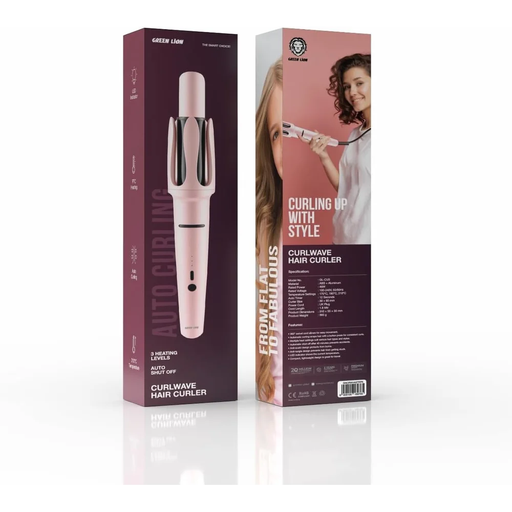 Green Lion Curlwave Hair Curler Pink Ceramic Barrel 360° Swivel Cord Heat-Resistant Glove 2 Green Lion Curlwave Hair Curler Pink Ceramic Barrel 360° Swivel Cord Heat-Resistant Glove - Image 2