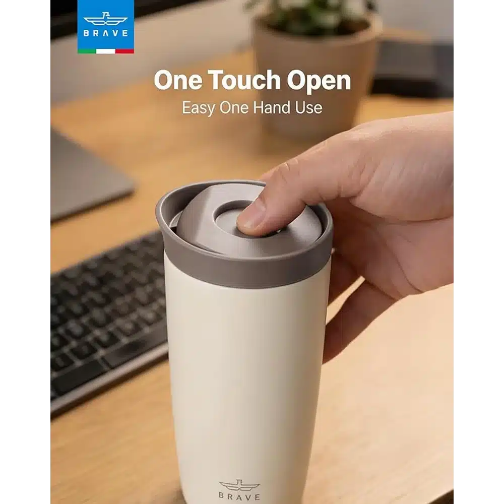 BRAVE TempGuard Insulated Travel Mug 350ml Beige Leakproof Stainless Steel Coffee Tumbler with Push Button Lid 2 BRAVE TempGuard Insulated Travel Mug 350ml Beige Leakproof Stainless Steel Coffee Tumbler with Push Button Lid - Image 2