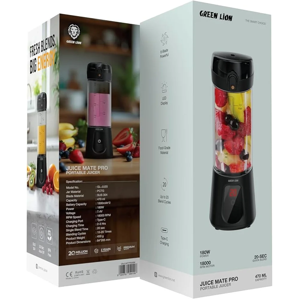Green Lion Juice Mate Pro Portable Juicer Black 470mL 180W 18000 RPM 6 Blades LED Display 4 Green Lion Juice Mate Pro Portable Juicer 470mL Black alternate view - Totot.ae