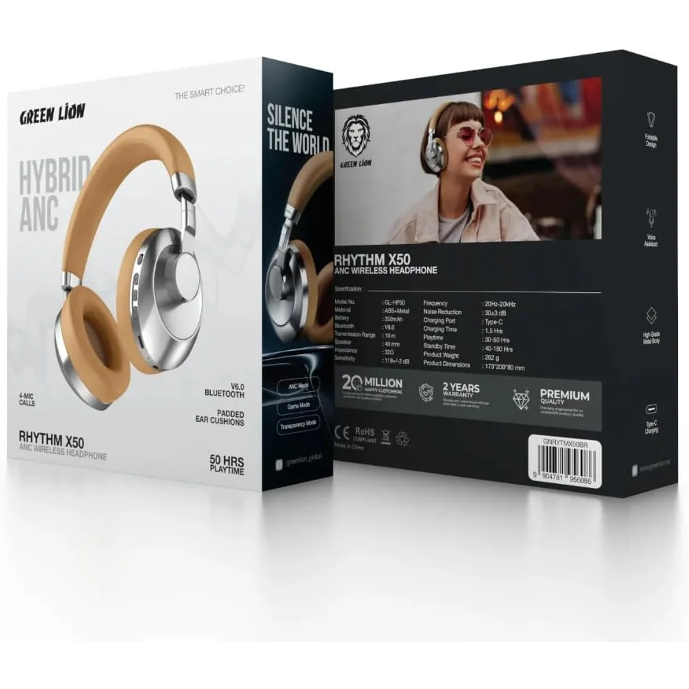 Green Lion Rhythm X50 ANC Wireless Headphone Brown 30dB ANC Bluetooth 6.0 1.5h Charge 9 Green Lion Rhythm X50 ANC Wireless Headphone Brown extra product image - Totot.ae