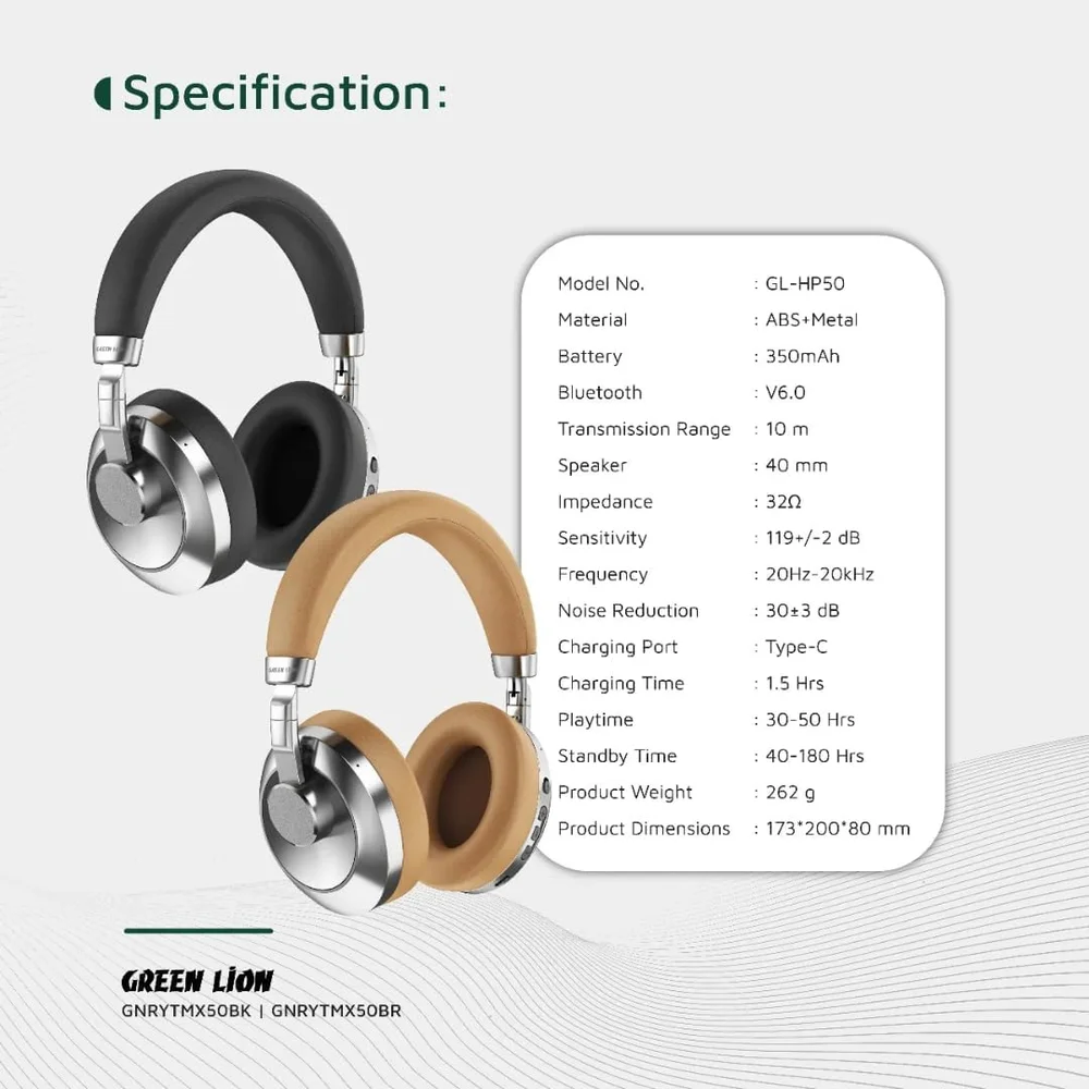 Green Lion Rhythm X50 ANC Wireless Headphone Brown 30dB ANC Bluetooth 6.0 1.5h Charge 6 Green Lion Rhythm X50 ANC Wireless Headphone Brown closer look - Totot.ae