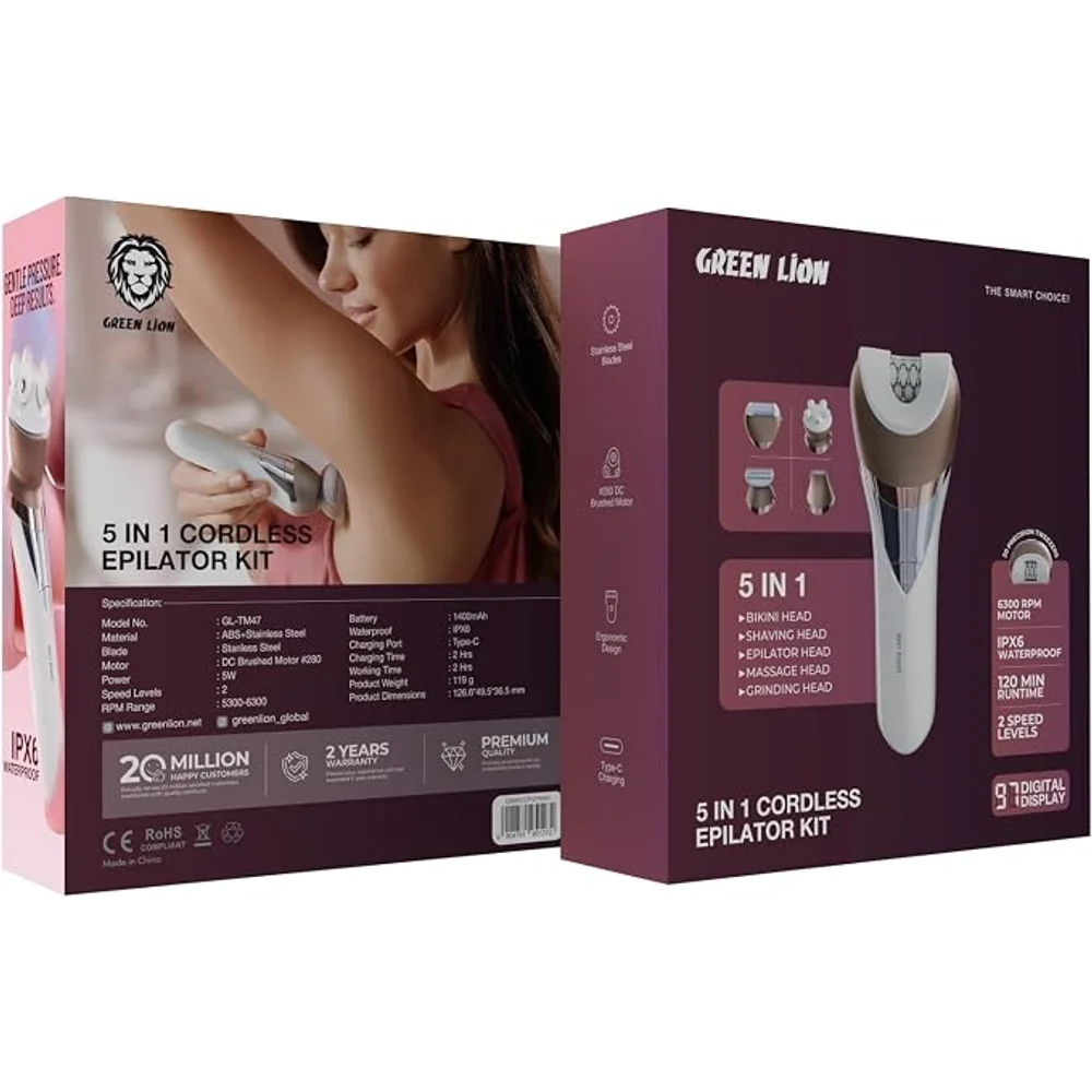 Green Lion 5 in 1 Cordless Epilator Kit Rechargeable Hair Removal Multiple Heads Painless Epilation Body Grooming 5 Green Lion 5 in 1 Cordless Epilator Kit Rechargeable Hair Removal Multiple Heads Painless Epilation Body Grooming - Image 5