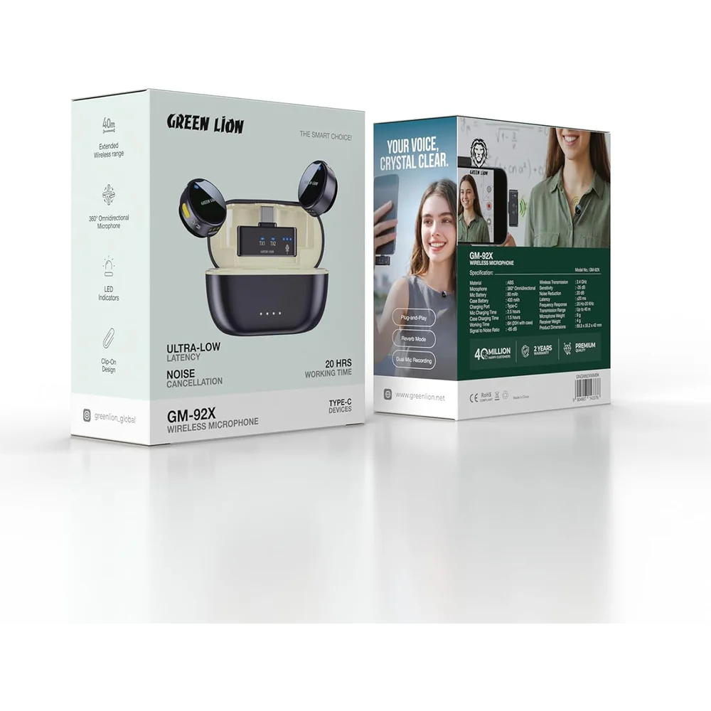 Green Lion GM-92X Wireless Microphone Black 40m Range Dual Mic Recording 7 Green Lion GM 92X Wireless Microphone additional product view - Totot.ae