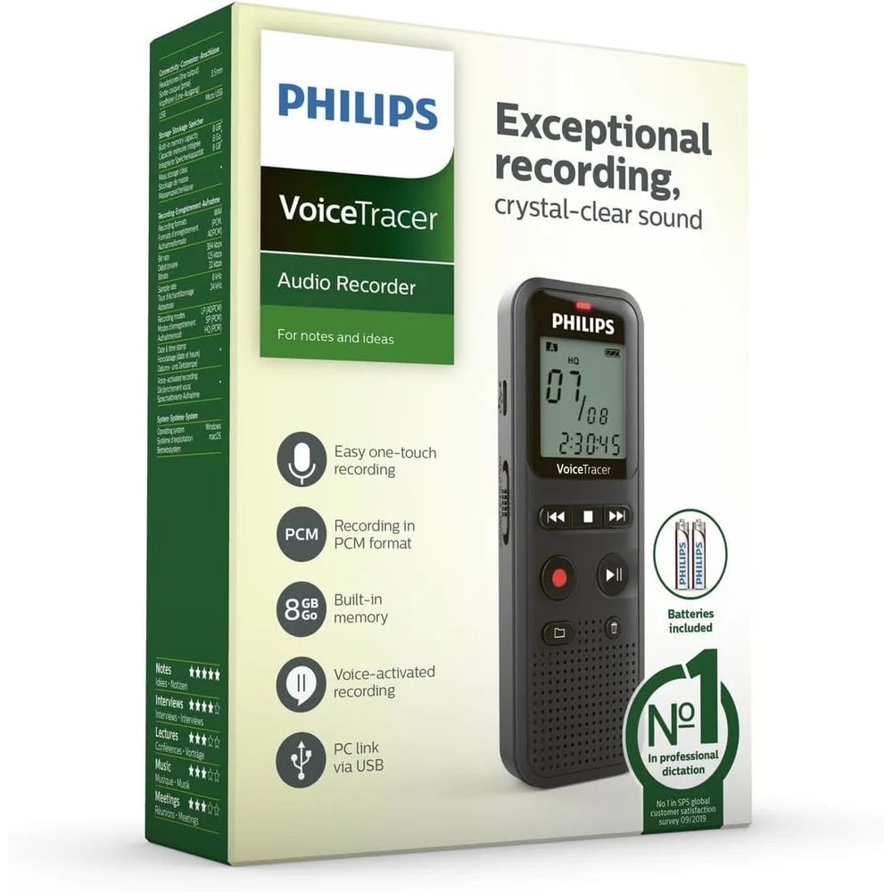 Philips voice recorder DVT1160 Black - 8GB Memory, Stereo Mics, Long Battery 2 Philips voice recorder DVT1160 Black - 8GB Memory, Stereo Mics, Long Battery - Image 2