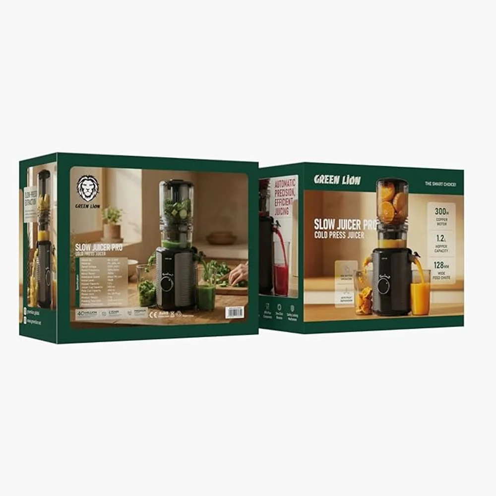 Green Lion Slow Juicer Pro Cold Press 1.2L 300W Copper Motor 58 RPM 128mm Chute 6 Green Lion SLOW JUICER PRO closer look - Totot.ae