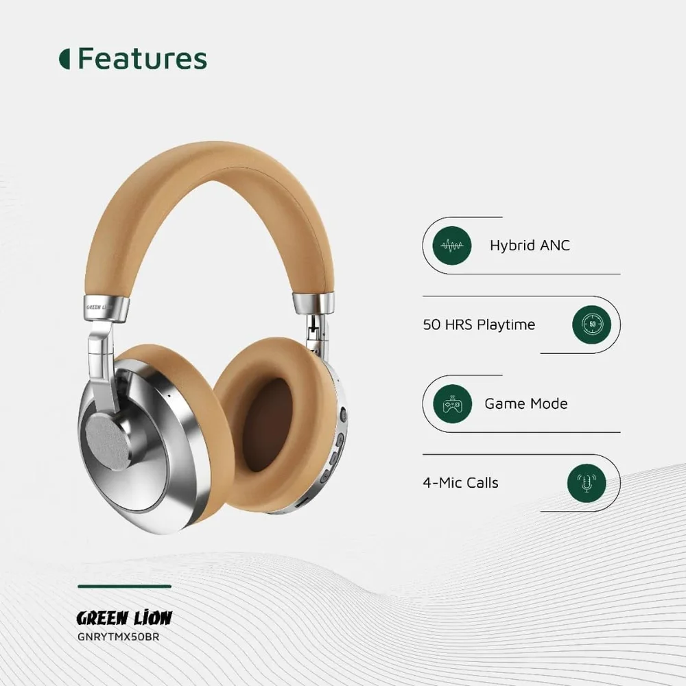Green Lion Rhythm X50 ANC Wireless Headphone Brown 30dB ANC Bluetooth 6.0 1.5h Charge 4 Green Lion Rhythm X50 ANC Wireless Headphone Brown alternate view - Totot.ae