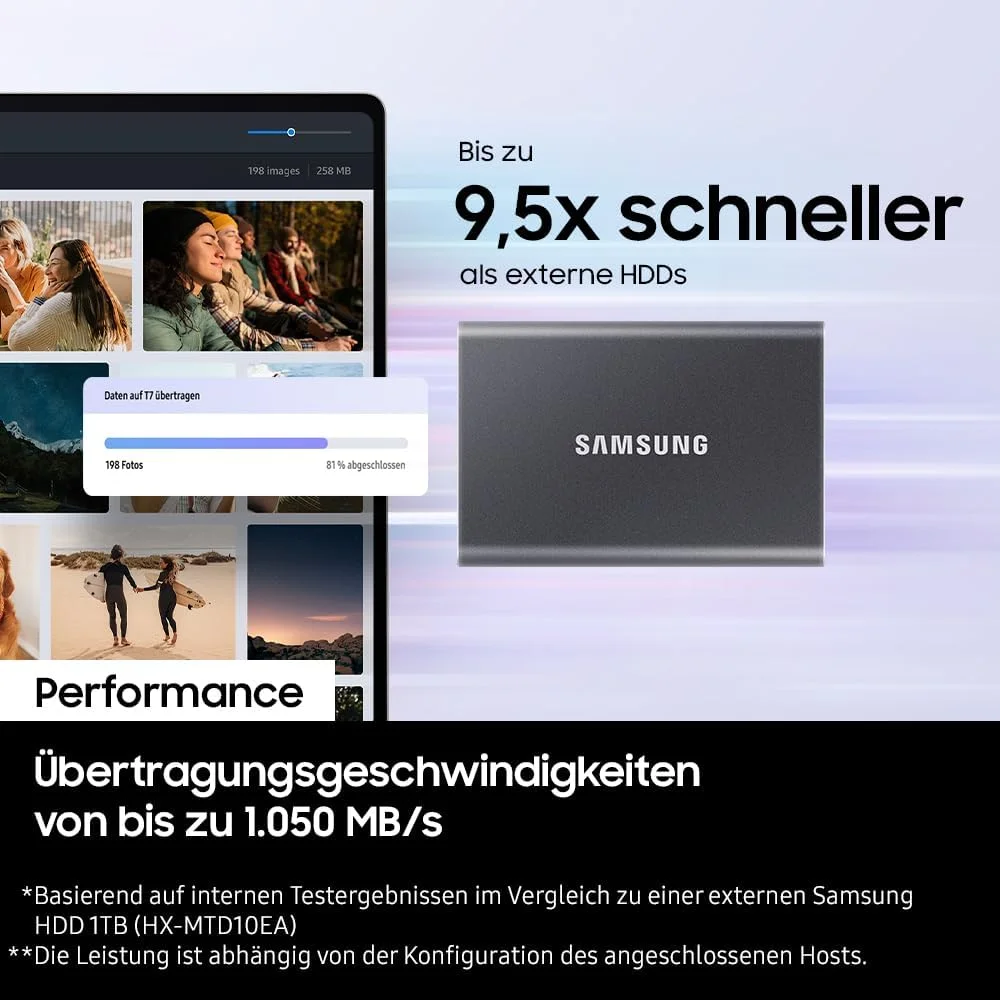 SAMSUNG SSD T7 Portable 1TB - USB 3.2 Gen 2, 1050 MB/s, Gray 2 SAMSUNG SSD T7 Portable 1TB - USB 3.2 Gen 2, 1050 MB/s, Gray - Image 2