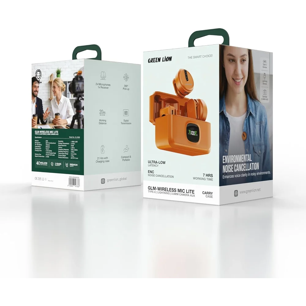 Green Lion GLM Wireless Mic Lite Environmental Noise Cancellation Orange Wireless Microphone Noise Reduction Long Range 2 Green Lion GLM Wireless Mic Lite Environmental Noise Cancellation Orange Wireless Microphone Noise Reduction Long Range - Image 2