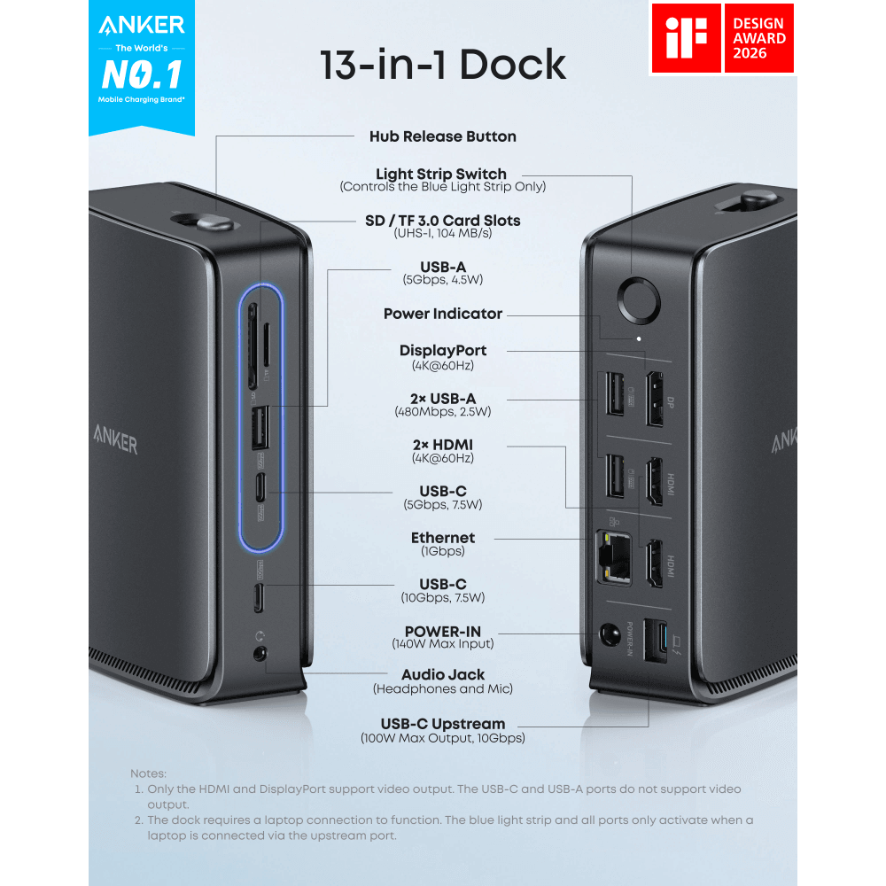 Anker Nano Docking Station 13-in-1 - Triple Display, Removable Hub 2 Anker Nano Docking Station 13-in-1 - Triple Display, Removable Hub - Image 2