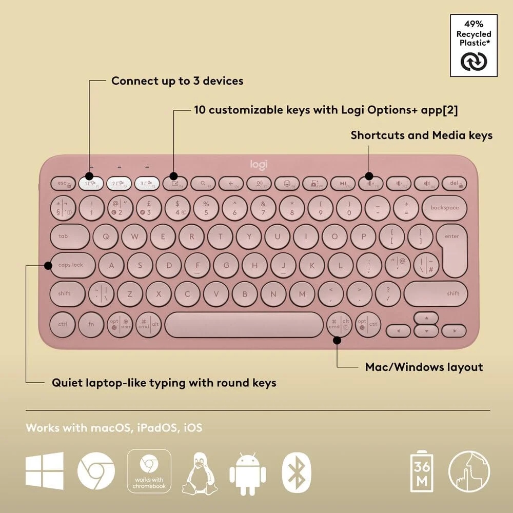 Logitech K380s Keyboard Rose Multi Device Bluetooth Compact English Layout 7 Logitech K380s Keyboard Rose Multi Device Bluetooth Compact English Layout - Image 7