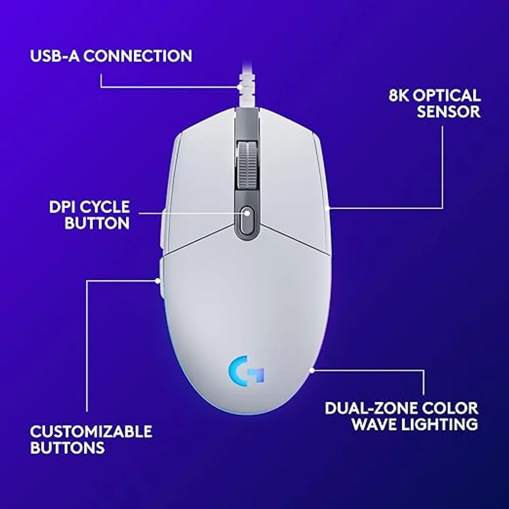 Logitech G203 Wired Gaming Mouse White - 8,000 DPI, RGB 3 Logitech G203 Wired Gaming Mouse White - 8,000 DPI, RGB - Image 3