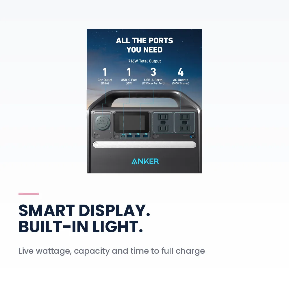 Anker 535 Portable Power Station (PowerHouse 512Wh) - 500W, LiFePO4 Battery, 9 Ports, Solar Ready 5 Anker 535 Portable Power Station - LED display and emergency light bar