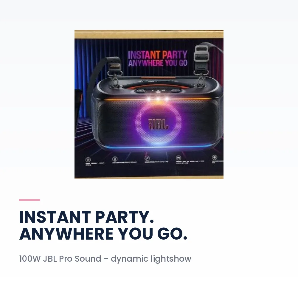 JBL PartyBox On The Go 2 With Dual Mic, 100W Portable Party Speaker, 2 Wireless Mics, 15H Battery 3 JBL PartyBox On The Go 2 With Dual Mic packaging showing 2 wireless microphones included