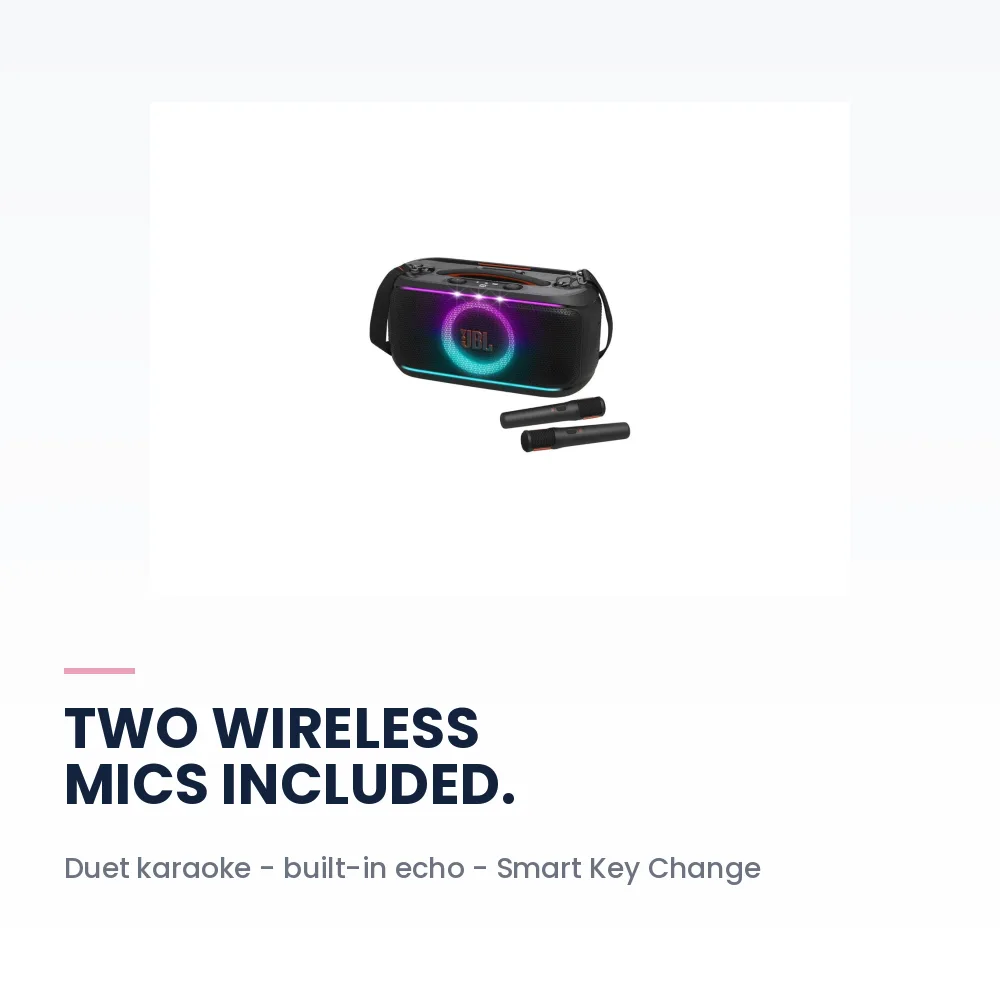 JBL PartyBox On The Go 2 With Dual Mic, 100W Portable Party Speaker, 2 Wireless Mics, 15H Battery 2 JBL PartyBox On The Go 2 With Dual Mic - two wireless microphones included