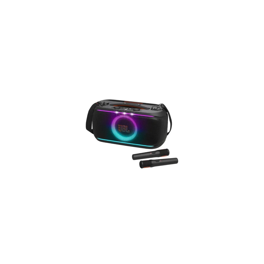 JBL PartyBox On The Go 2 With Dual Mic, 100W Portable Party Speaker, 2 Wireless Mics, 15H Battery 4 JBL PartyBox On The Go 2 With Dual Mic full product view with microphones