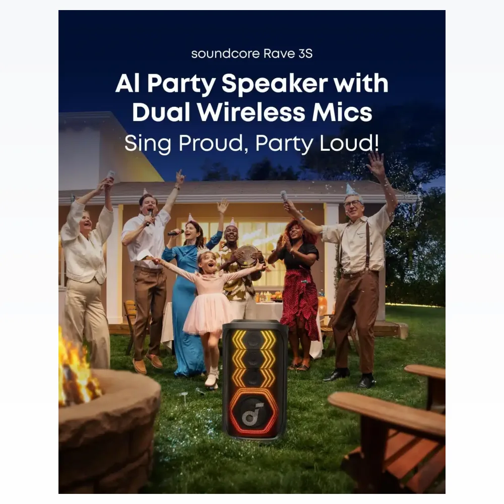 Anker Soundcore Rave 3S AI Party Speaker – 200W Powerful Sound with 2 Wireless Microphones, Light Effects & Portable Design 9 Soundcore Rave 3S woofer and driver array close-up