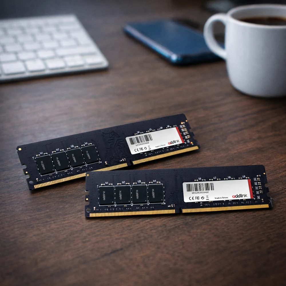 addlink P4 16GB DDR4 3200 Desktop RAM – CL22, 1.2V, 288-Pin UDIMM, JEDEC Plug-and-Play (No XMP Needed), Intel & AMD 7 addlink P4 DDR4 desktop memory modules on a desk
