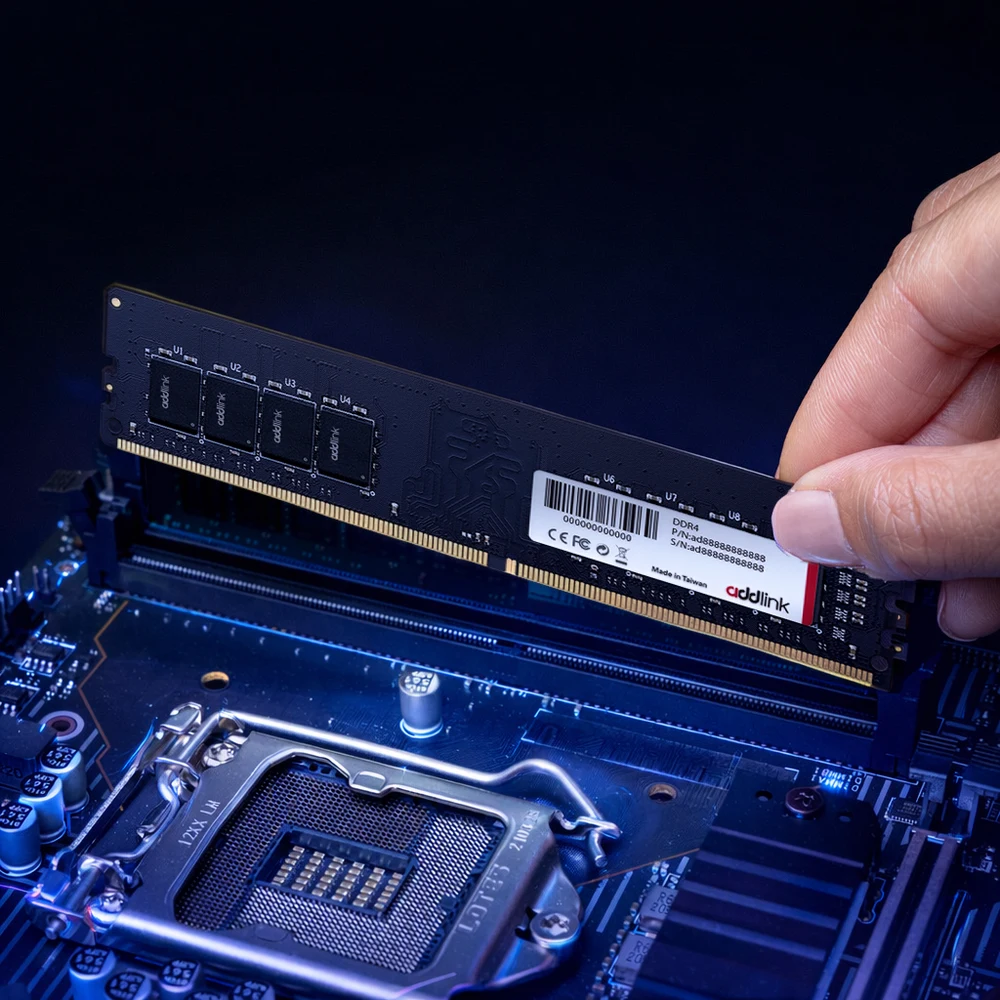 addlink P4 16GB DDR4 3200 Desktop RAM – CL22, 1.2V, 288-Pin UDIMM, JEDEC Plug-and-Play (No XMP Needed), Intel & AMD 8 addlink P4 DDR4 module being installed in a desktop motherboard slot