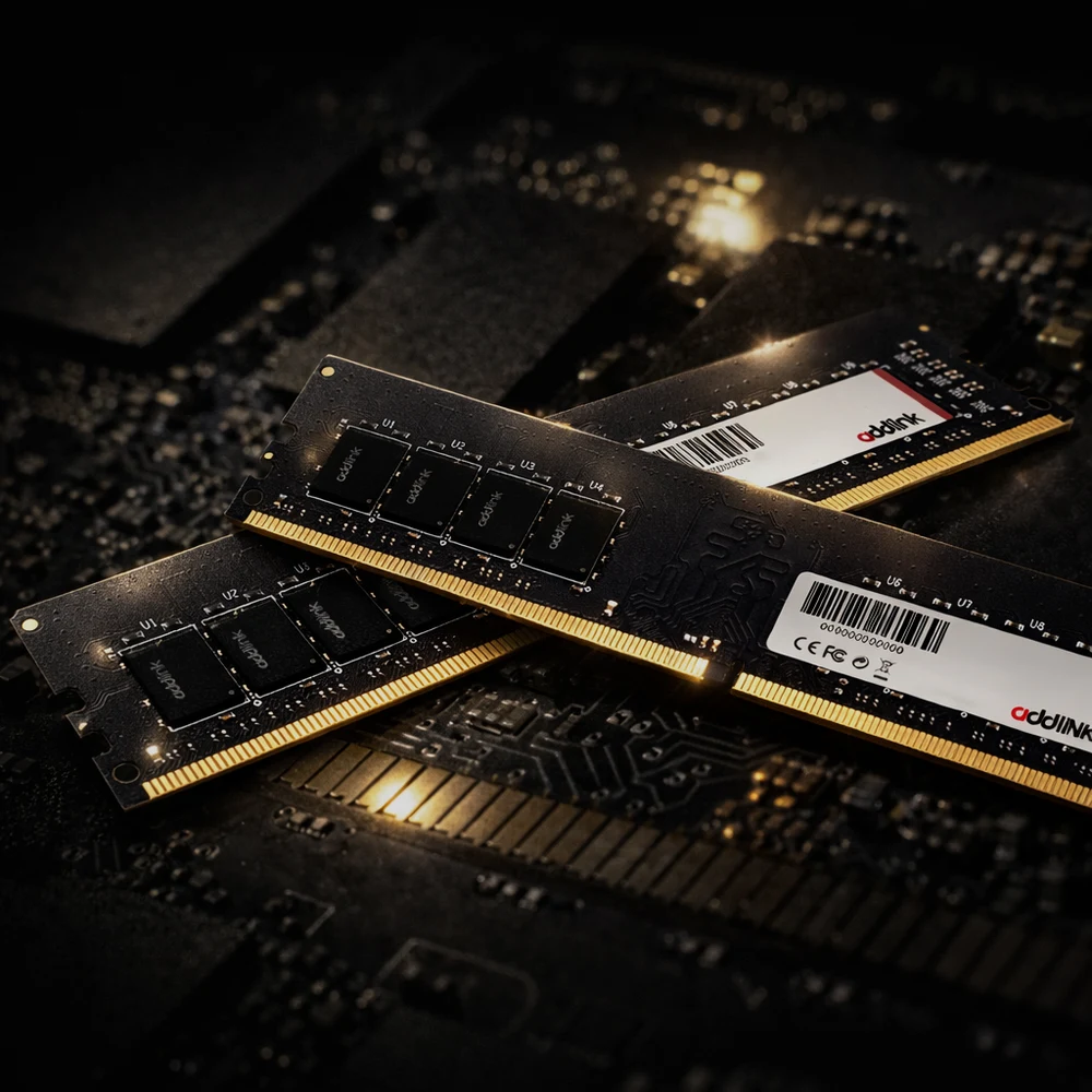 addlink P4 32GB DDR4 3200 Desktop RAM – Single 32GB Module, CL22, 1.2V, 288-Pin UDIMM, JEDEC Speed Without XMP, Intel & AMD 7 two addlink P4 DDR4 modules on a circuit board background