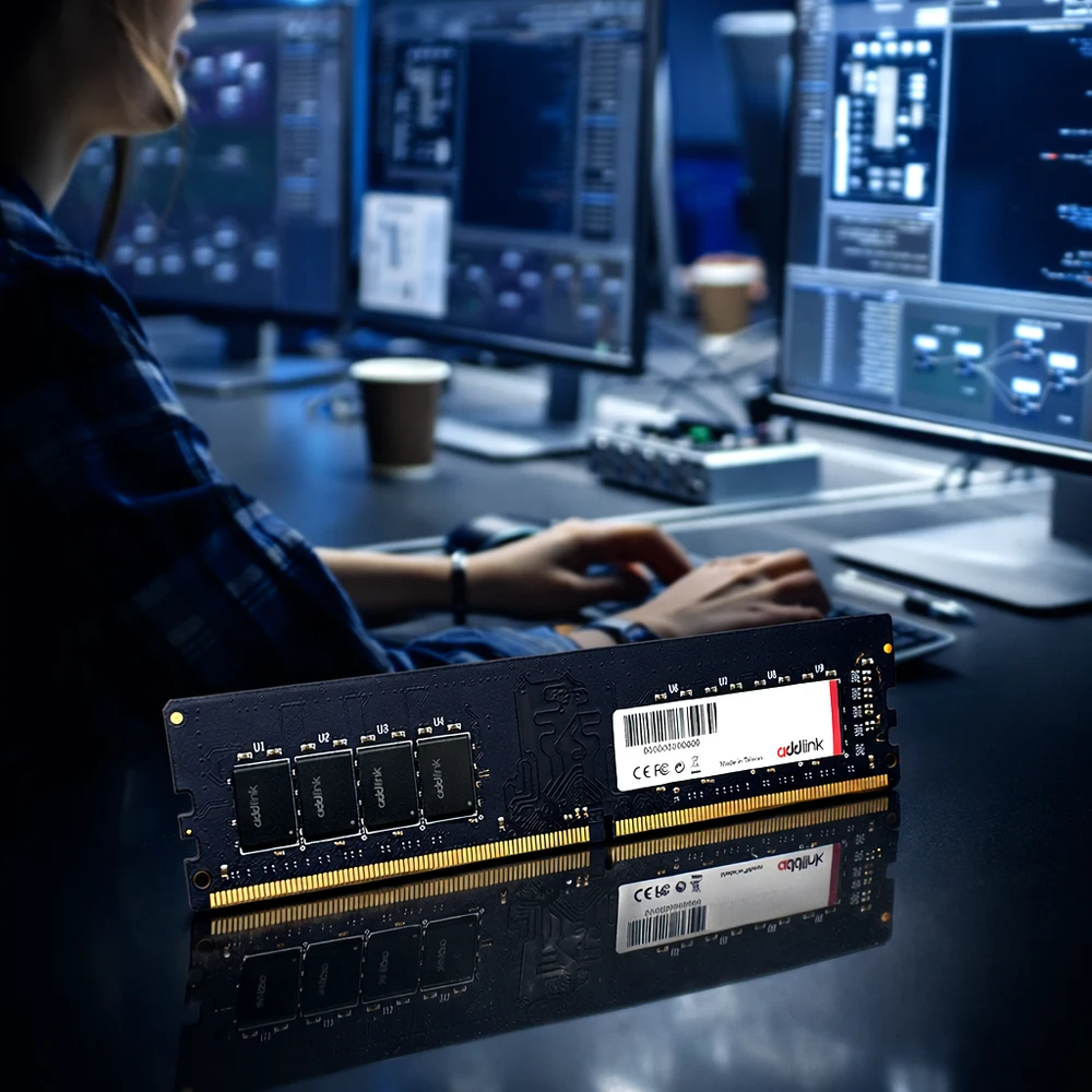 addlink P4 32GB DDR4 3200 Desktop RAM – Single 32GB Module, CL22, 1.2V, 288-Pin UDIMM, JEDEC Speed Without XMP, Intel & AMD 8 addlink P4 DDR4 module in an office PC scene