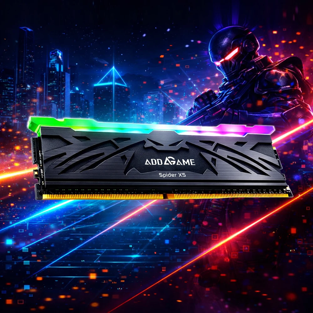 addlink Spider X5 CL36 Black DDR5 32GB (2x16GB) 6000MT/s RGB – 12.0 ns Latency, Intel XMP 3.0 & AMD EXPO, Aluminium Heat Spreader, Motherboard RGB Sync 4 addlink Spider X5 CL36 Black - addlink Spider X5 DDR5 RGB module in black with lit RGB strip