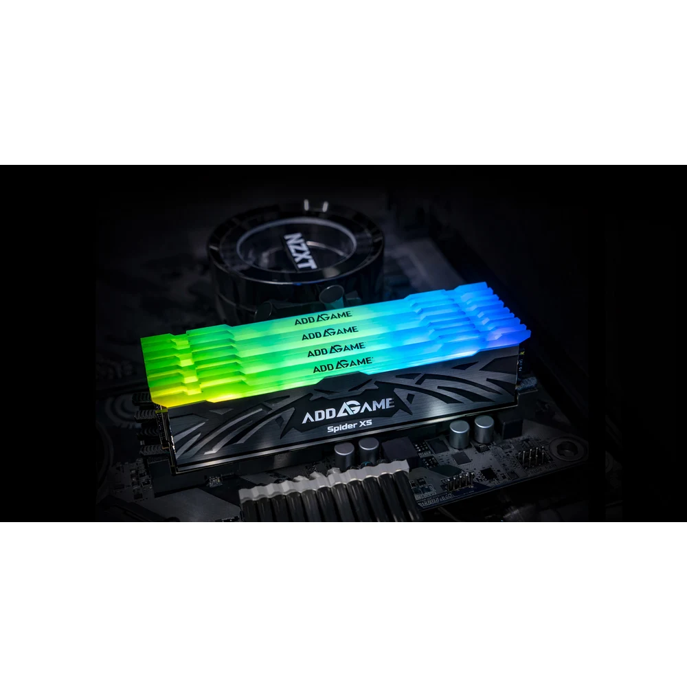 addlink Spider X5 CL36 Black DDR5 32GB (2x16GB) 6000MT/s RGB – 12.0 ns Latency, Intel XMP 3.0 & AMD EXPO, Aluminium Heat Spreader, Motherboard RGB Sync 5 black addlink Spider X5 DDR5 modules installed with RGB lighting