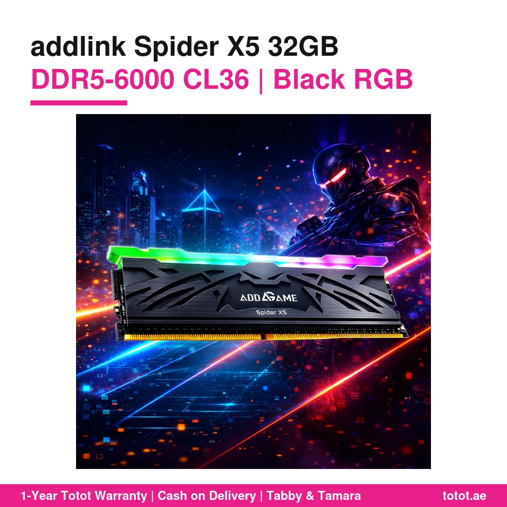 addlink Spider X5 CL36 Black DDR5 32GB (2x16GB) 6000MT/s RGB – 12.0 ns Latency, Intel XMP 3.0 & AMD EXPO, Aluminium Heat Spreader, Motherboard RGB Sync 1 addlink Spider X5 CL36 Black