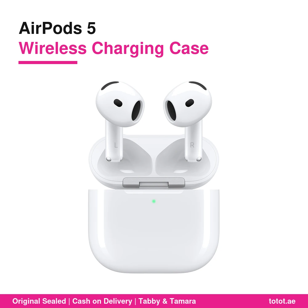 سماعات Apple AirPods 5 مع علبة شحن لاسلكي – إلغاء ضوضاء نشط، شريحة H2، سماعة في العلبة لتطبيق Find My، تمرير لضبط الصوت، IP57 8 سماعات AirPods 5 Wireless Charging Case من أبل بتصميم مفتوح