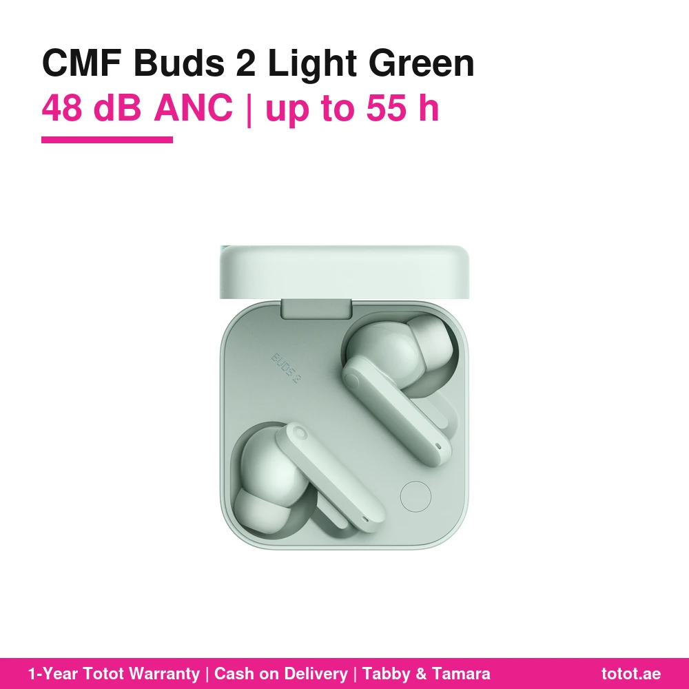 CMF Buds 2 Light Green – 48 dB Hybrid ANC, 11 mm PMI Driver, Up to 55 Hours with Case, 6 HD Mics, Bluetooth 5.4 Dual Connection 1 CMF Buds 2 Light Green