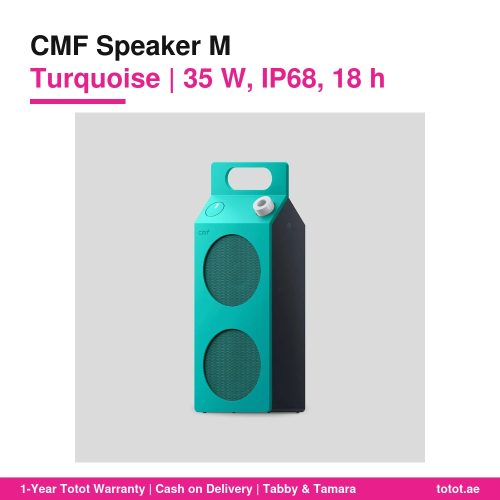 مكبر صوت CMF Speaker M Turquoise – صوت 35 واط بمكبرين، مقاوم للماء IP68، تشغيل حتى 18 ساعة، Bluetooth 6.0، وضع الحفلة Auracast 1 CMF Speaker M Turquoise