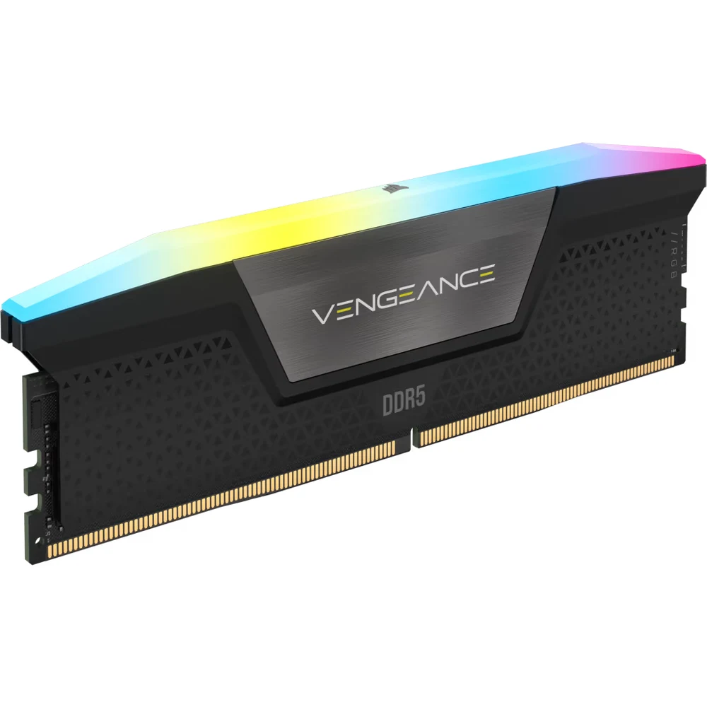 Corsair Vengeance RGB DDR5 32GB 6000 CL36 Black (CMH32GX5M2E6000C36) – 2x16GB Kit, 10 Addressable RGB LEDs per Module, Intel XMP 3.0, 1.35V, iCUE 6 Corsair Vengeance RGB DDR5 black module with lit light bar